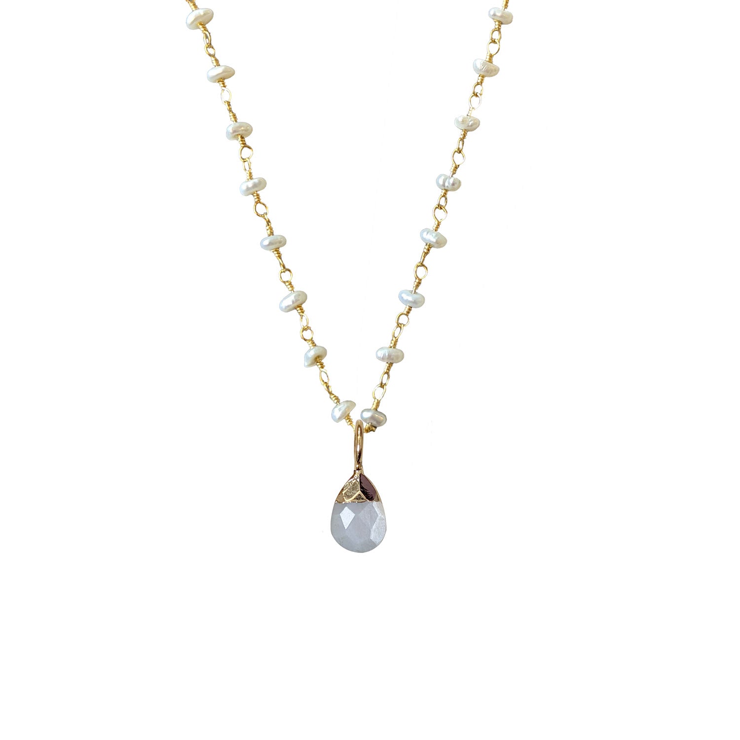 White Moonstone Briolette on Pearl Rosary