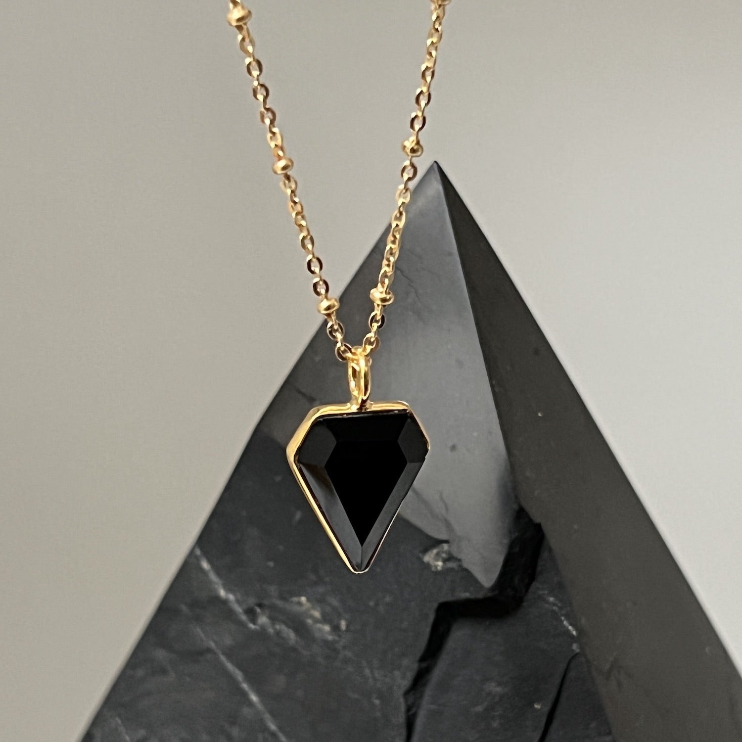 Faceted Black Onyx Diamond Pendant on Short Satellite chain