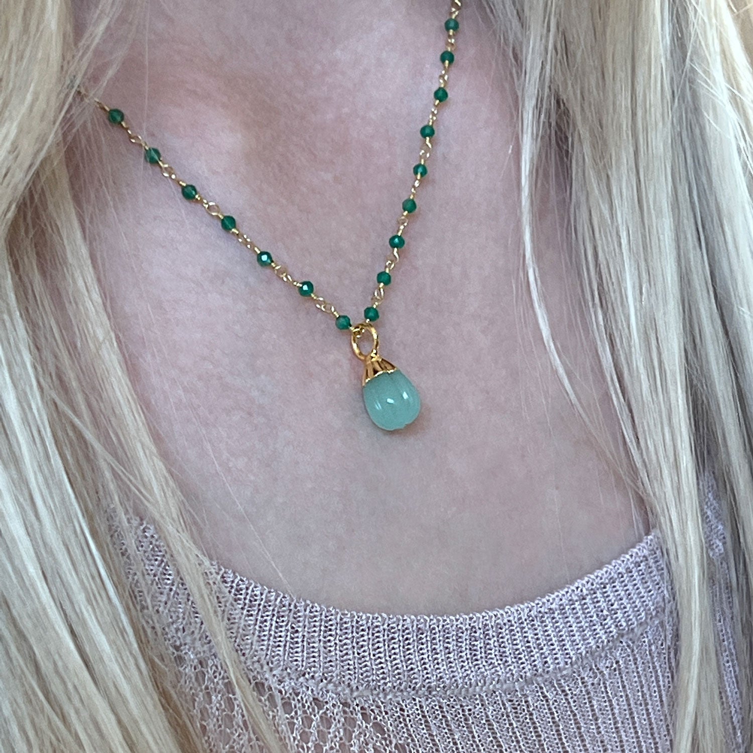 Green Onyx  Rosary with Eva Aqua Chalcedony Pendant