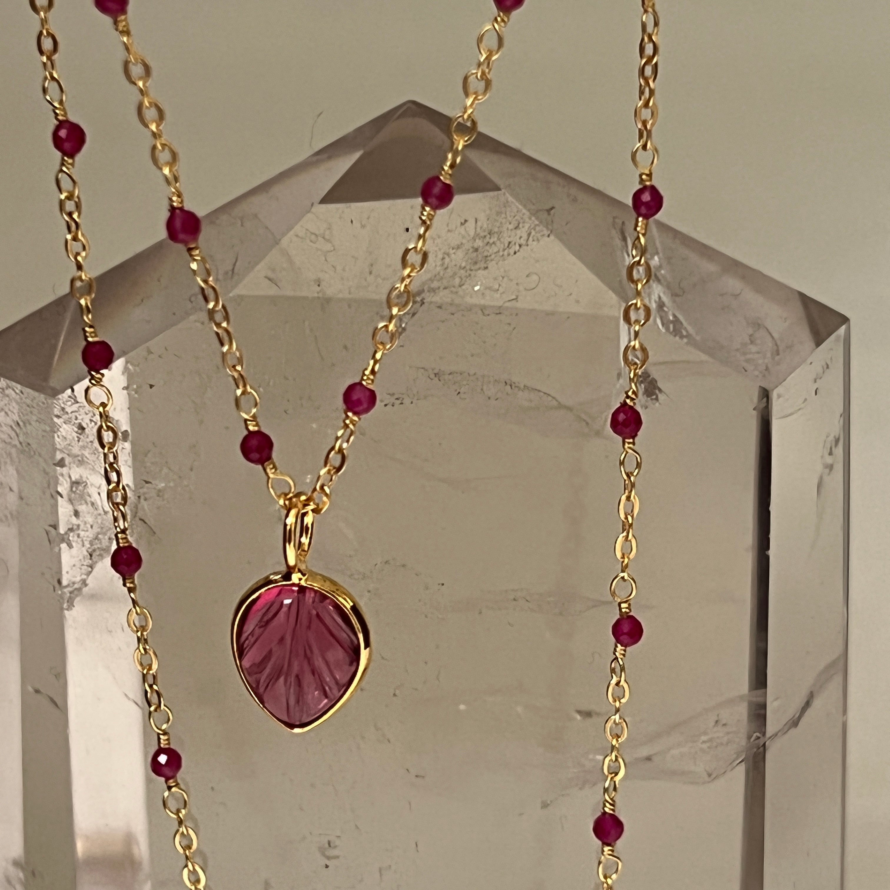 Fancy Ruby Rosary with Pink Tourmaline Leaf Pendant