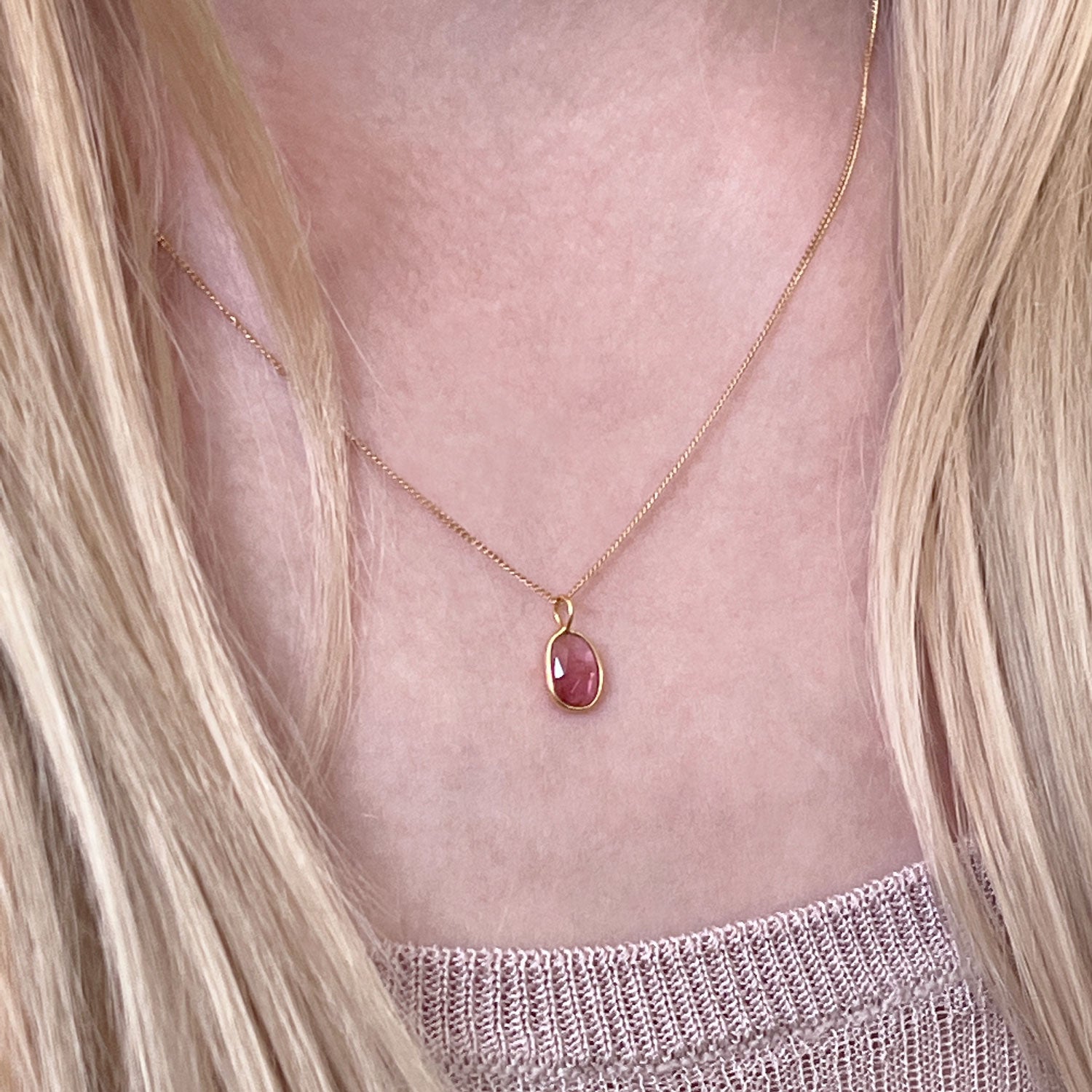 Unique Tiny Pink Tourmaline Freeform Pendant on vermeil   Curb Chain